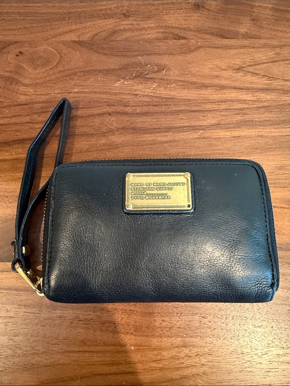 Marc by Marc Jacobs Black Leather Zip Around Wristlet Wallet with Gold Plate
